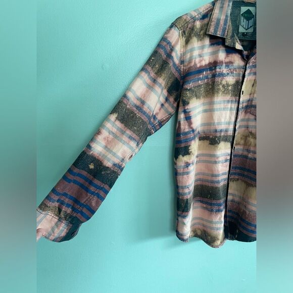 Upcycled Splatter Bleached Orange Navy Plaid Oversized Flannel Mens M - Picture 4 of 10